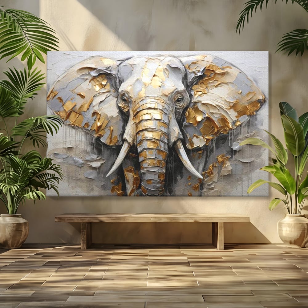 Tablou canvas cu tablou canvas cu cap de elefant in relief si insertii aurii, fara rama, pe sasiu de lemn